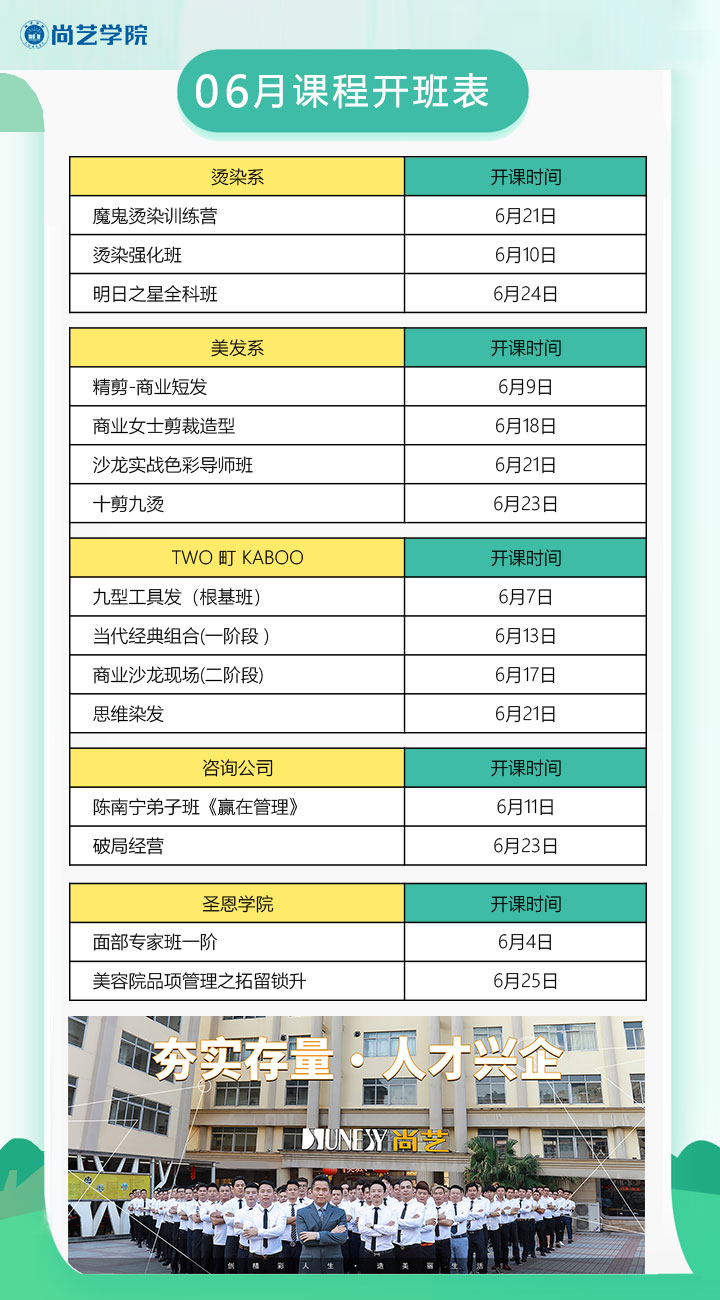 广州尚艺美容美发培训学校6月课程开班表