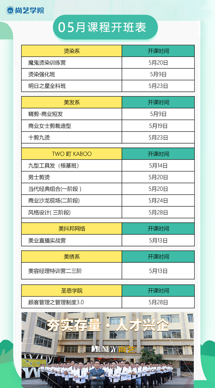 广州尚艺美容美发培训学校5月课程开班表