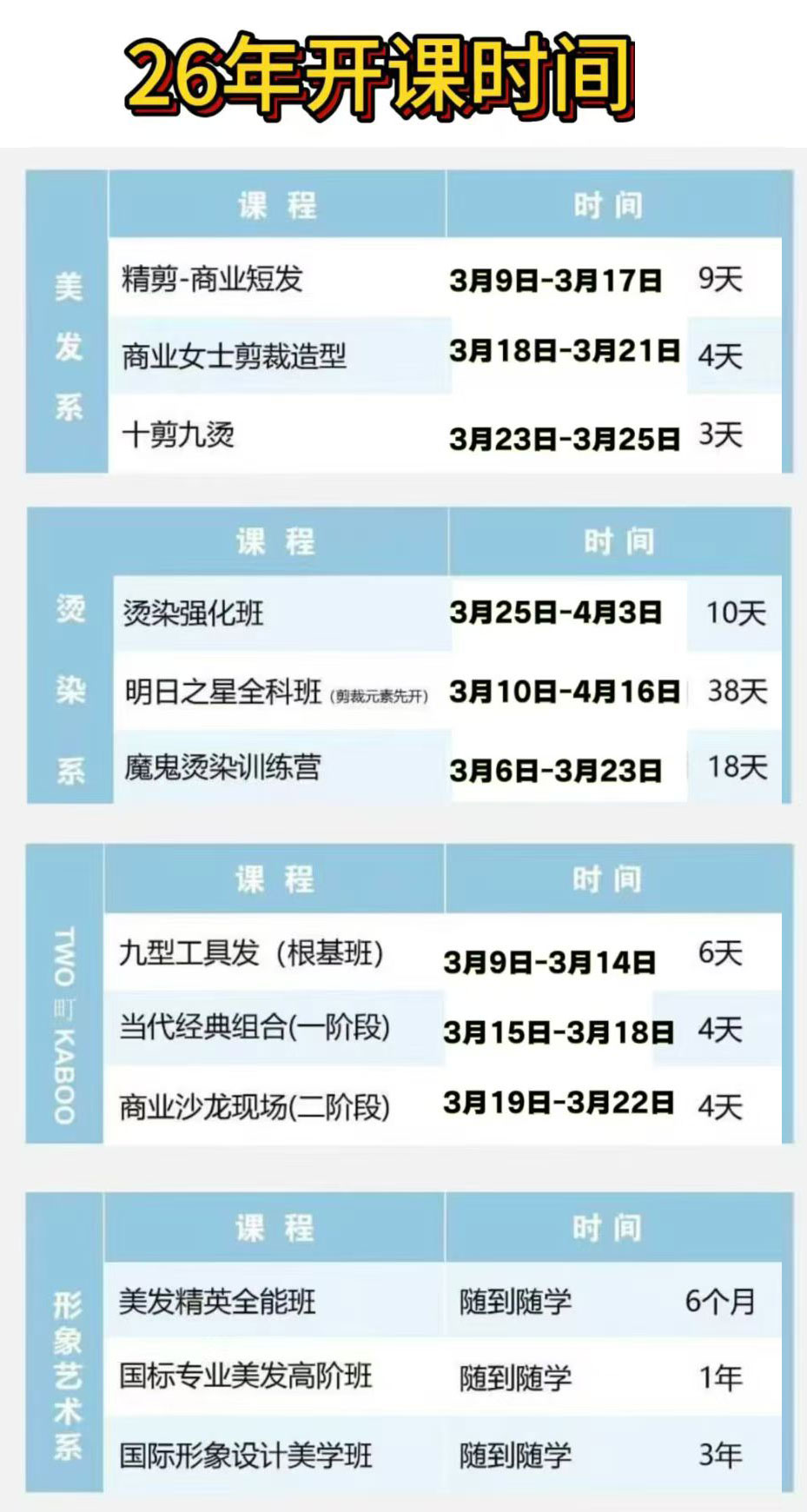 广州尚艺美发职业培训学院2026年03月课程开班表